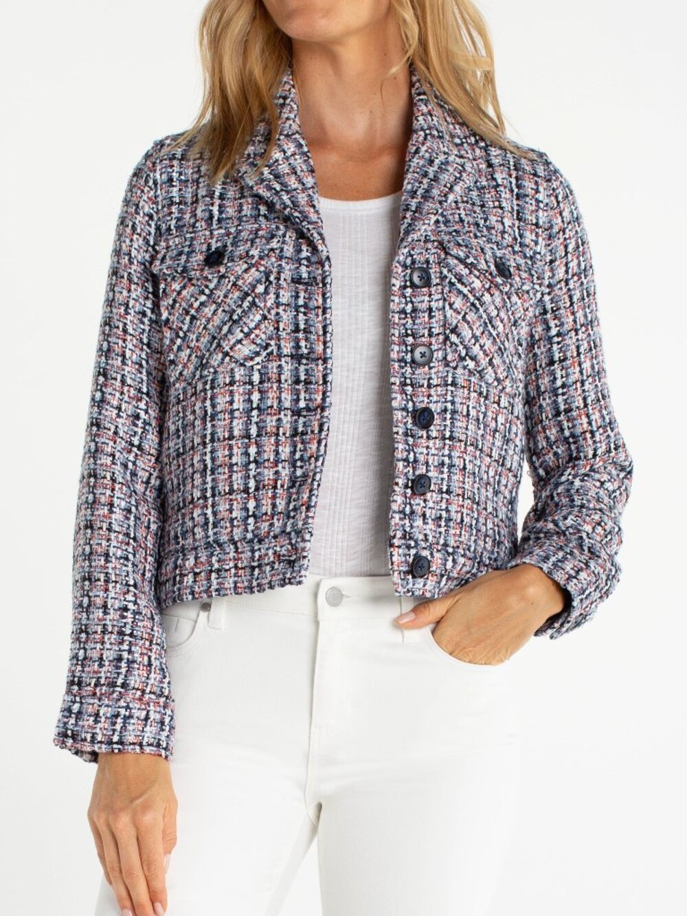 Liverpoll Red Navy Multi Boucle Button Jacket